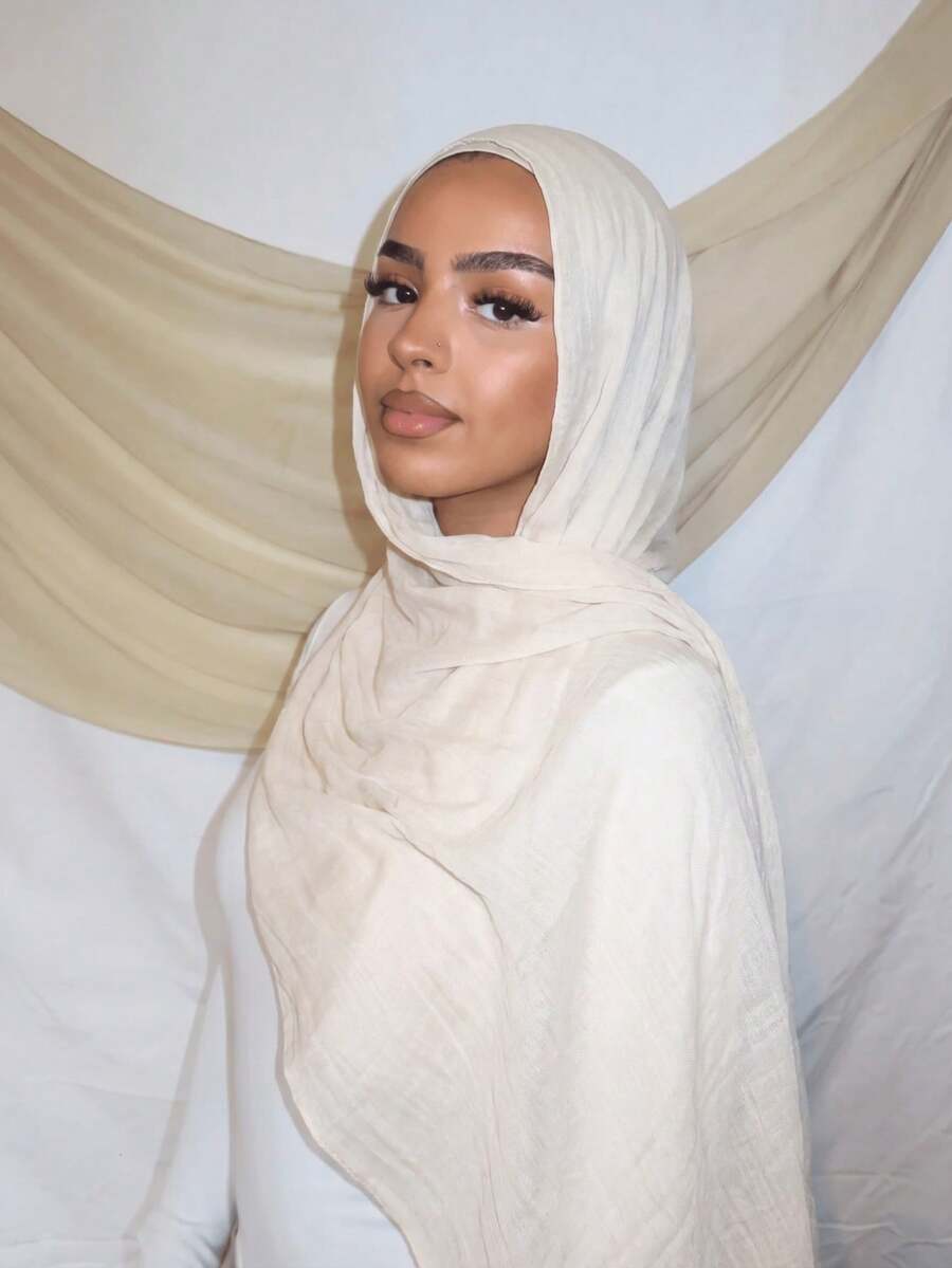 1PC Women's Beige Viscose Headscarf, Soft Solid Color Wide Edge Scarf, Versatile Sun Protection Hijab, Suitable For Daily Wear