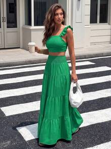 ZIAI New Summer Mid-Waist Sexy Spaghetti Strap Flared Skirt Fashion Print 2 Pieces Set For Women Elegant - Green - View 2