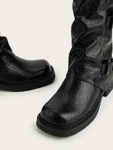 Women's Square Toe Coffee Brown Slip-On Western Style Buckle Mid-Calf Work Boots - Black - View 3