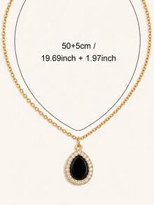 1/3Pcs 18K Gold Plated Stainless Steel Necklace Set, Black Teardrop Oval Round CZ Halo Pendant, Daily Wear Dainty Holiday Gift Jewelry For Women - Gold - View 8