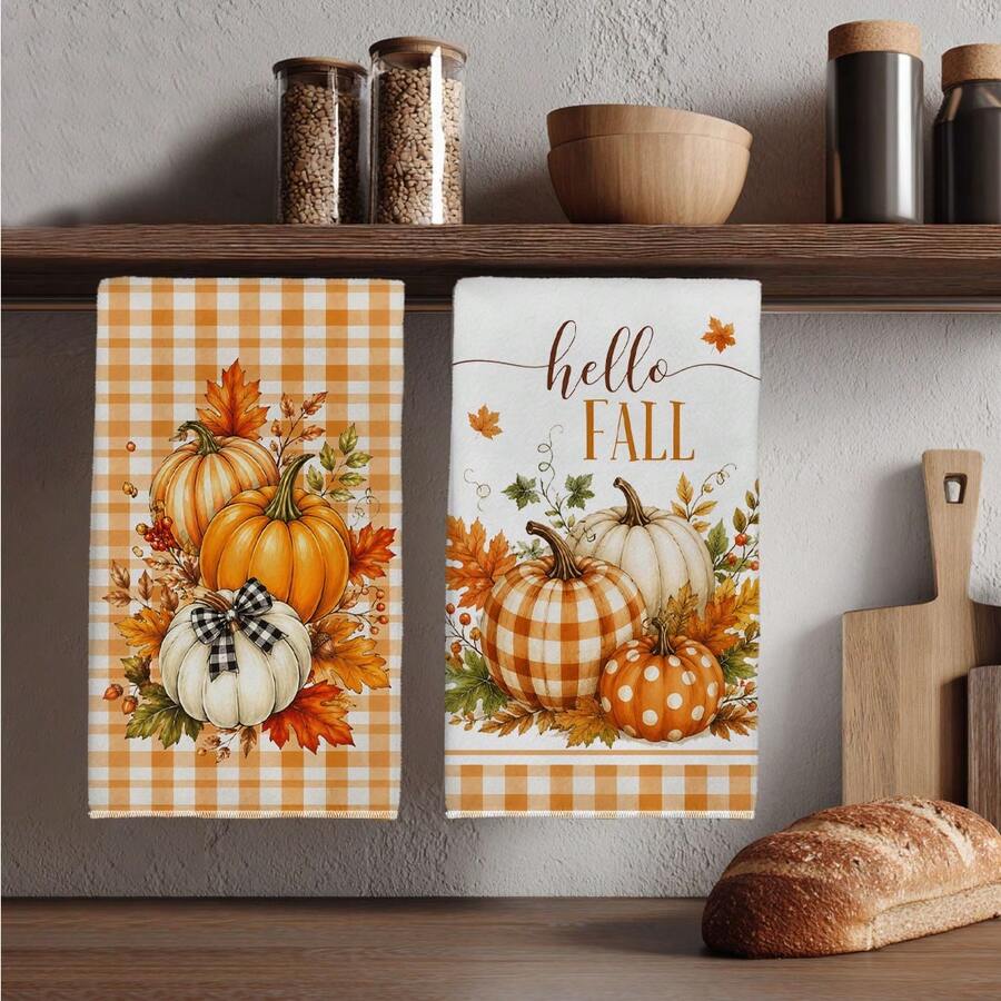 2PCS Kitchen Towel, Hello Autumn Series Pattern Printed, Watercolor Style 40*60cm Rectangular Microfiber Kitchen Towel, Dish Cloth, Tablecloth, Hand Towel, Kitchen Decor, Home Decor, Neighbor Housewarming Gift, Kitchen Napkin And Dish Cloth, Home Decor, Gift - Orange - View 1