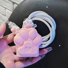 黑貓爪版適用於 Apple 14 Pro Max、13、12，相容 Apple 18W/20W 充電器保護殼與數據線保護繩 4 件組 - 粉色 - 查看 7