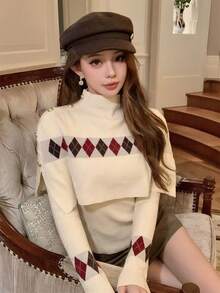 Autumn/Winter Korean Sweet Casual Style Argyle Knit Shawl Sweater Set For Women, High Neck Shawl + Base Layer Top 2-Piece Set, Autumn Style - Apricot - View 1