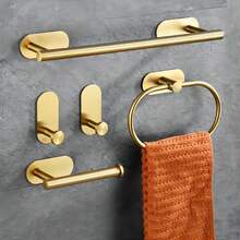5pcs Stainless Steel Bathroom Towel Ring, Towel Bar, Bathroom Hook Set, Bathroom Storage Rack, Toilet Paper Holder, Storage Hook For Hotel - Square Bottom Nail-free - View 1