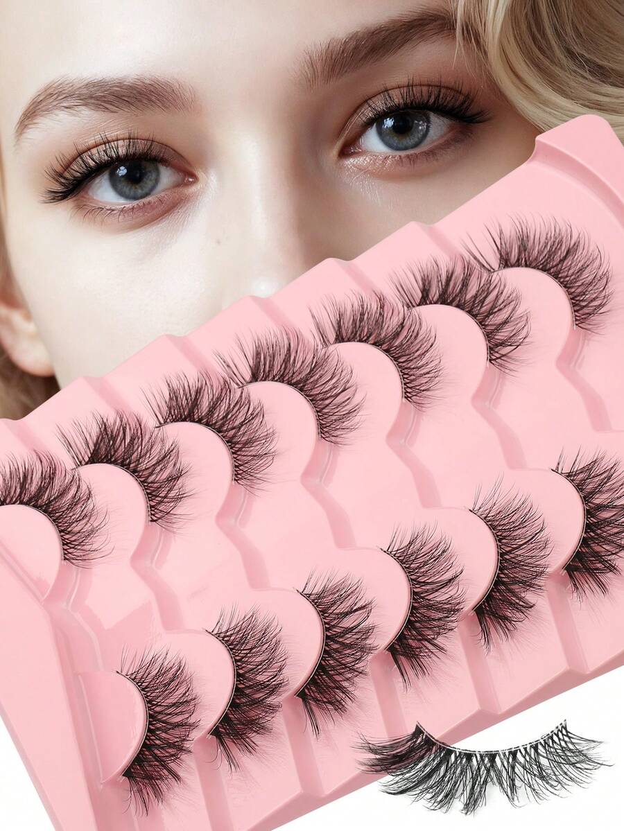 Himirell 7 Pairs Cat Eye Criss-Cross Clear Stem Short Natural Half Lashes, Elongating Outer Eye Corner