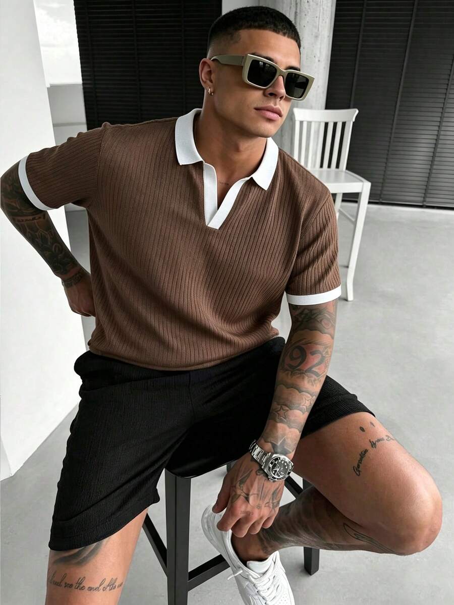 WAIT HIM Men's Contrast Color Short Sleeve Polo Shirt, Minimalist And Fashionable, Suitable For Summer - Brown - View 1
