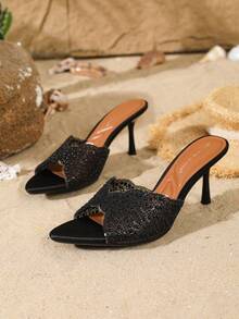 On feet& in love Women's Summer Fashion Elegant Sexy Stiletto High Heel Open Toe Slide Sandals With Wavy Ruffle Pearl & Rhinestone Decor For Date, Party, Beach Vacation - Black - View 6
