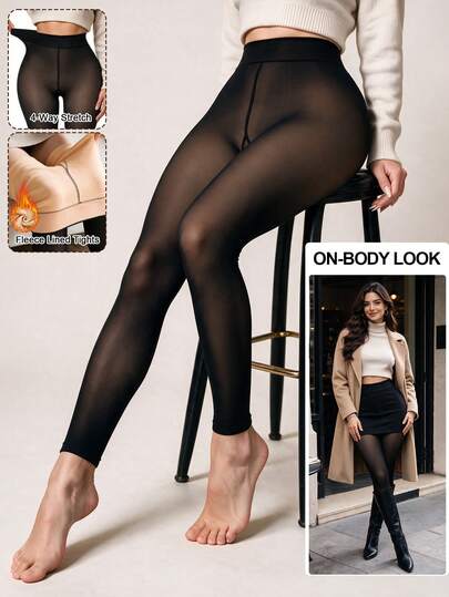 200g Women's Fleece Lined Tights High Waist Thickened Warm Semi-Sheer Pantyhose Autumn/Winter Halloween Costume Elastic Leggings