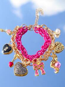 1pc Leopard Print Leopard Heart Charm Bracelet, Party Disco Ball Bracelet, Lock & Key Bracelet - Gold - View 9