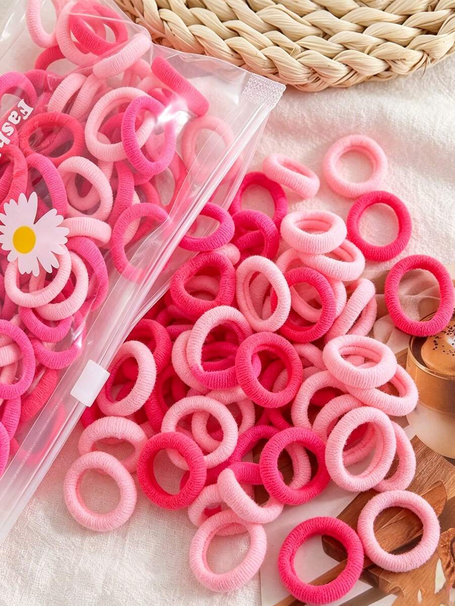 100pcs Girls Pink High Elasticity Durable Non-Damaging Hair Scrunchies Suitable For Daily Wear - Multicolor - View 1