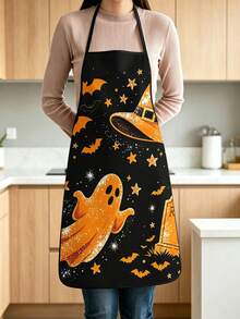 4pcs Drinking Coffee Skeleton Print Apron, Gothic Black Bat Pattern Adjustable Cooking Apron, Funny Halloween Kitchen Decor - Multicolor - View 7