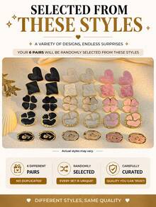 6 Pairs Random Style Stainless Steel Stud Hoop Earrings Set, Simple Minimalist Jewelry For Women, Lightweight Waterproof Gift - Multicolor - View 3