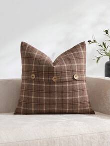 One Imitation Cashmere Classic Striped Plaid Pillowcase (Pillow Core Not Included) Designer Cushion Cover With Natural Coconut Buttons - Brown - View 8
