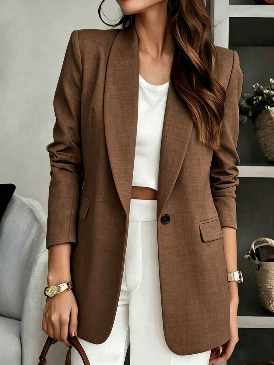 Women's Elegant Brown Long Sleeve Blazer, Front Button Design, Regular Length, Perfect Choice For Autumn Outfit - Brown - View 1