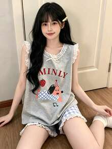 2件組女款睡衣家居服套裝，可愛小狗印花時尚無袖套頭上衣搭配格紋印花短褲，適合春夏，居家穿著舒適 - 灰色 - 查看 2