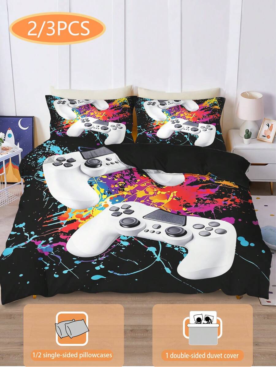 2/3件組彩色遊戲控制器印花床上用品套組,單人/雙人/Queen/King尺寸被套含枕套,四季適用,適合兒童、青少年、男孩與女孩臥室(不含填充物),100%聚酯纖維 - 彩色 - 查看 1