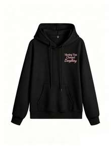 Letter Print Hooded Sweatshirt Casual Long Sleeve Drawstring Pullover Streetwear Daily Sweatshirt Y2K Outfit Casual Style Outfit - Black - View 4