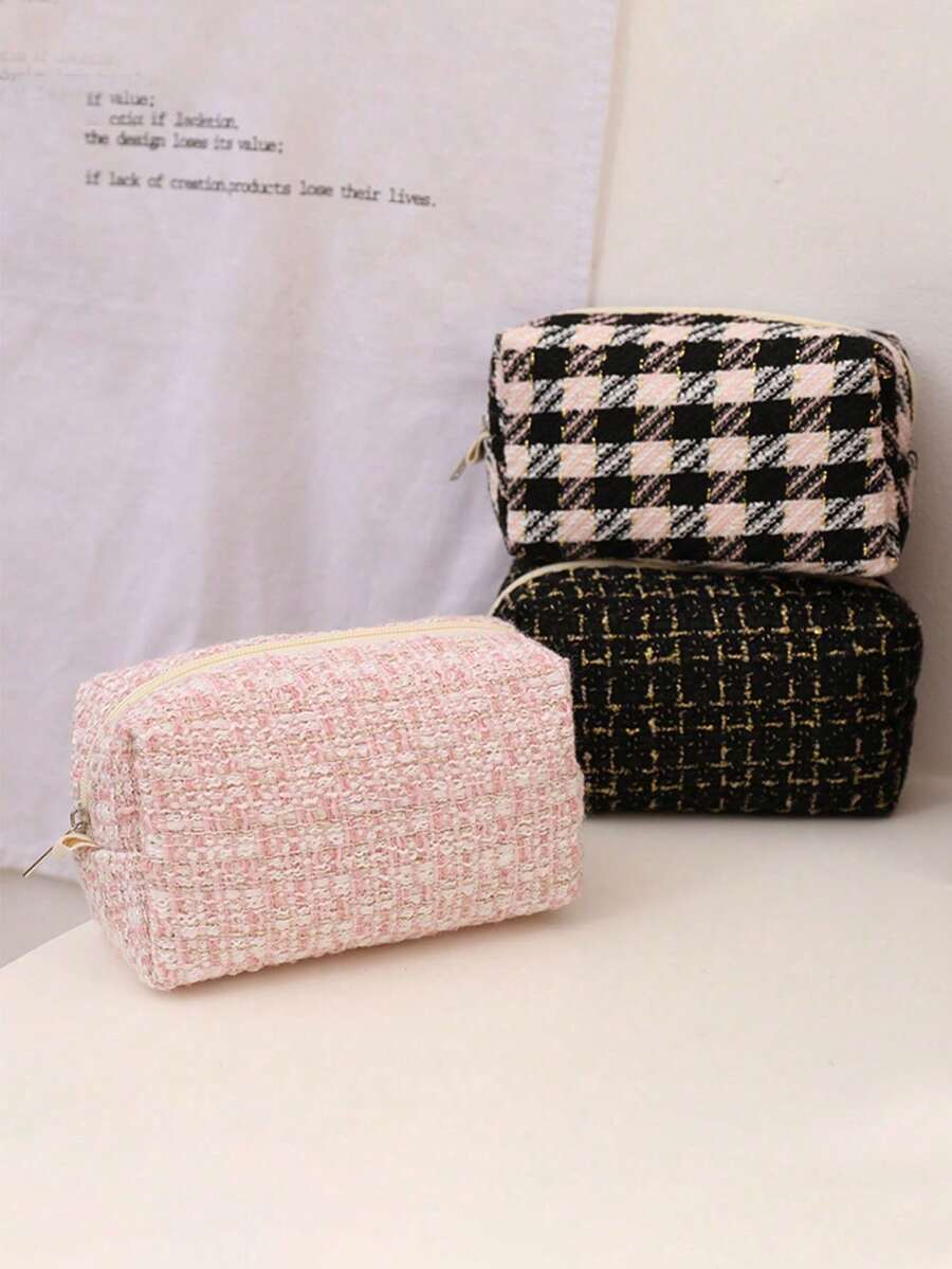 1pc Large Capacity Pink Plaid Polyester Fabric Zipper Makeup Bag, Multi-Functional Storage Pouch For Lipstick, Coins, Cosmetics, Pens, Portable Travel Home Organizer, Valentine's Day Gift For Women - Multicolor - View 1