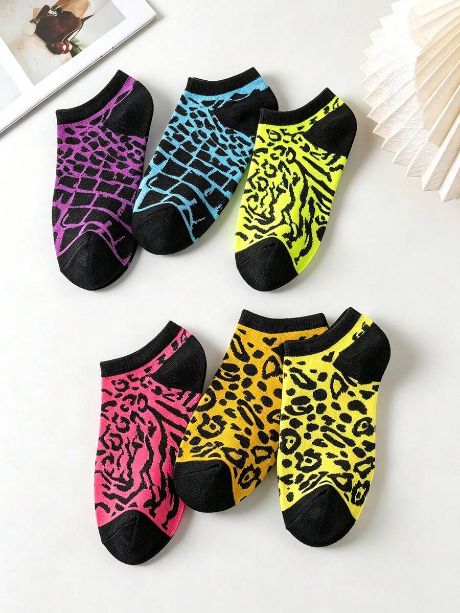 Mixed Leopard Print Short Socks, Neutral Animal Print Socks, Casual Socks - Multicolor - View 1