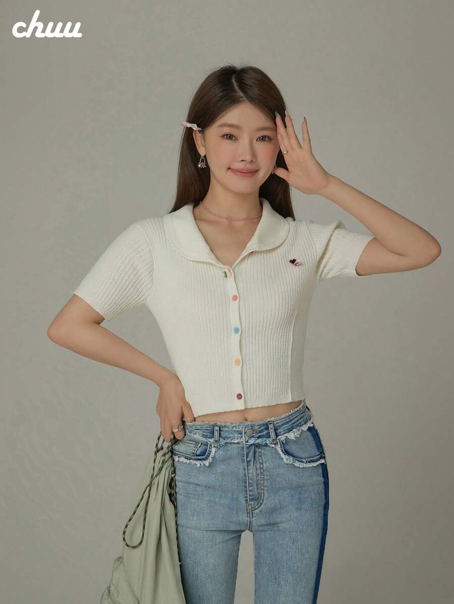 CHUU Rainbow Button Lapel Knit Sweater Women Spring Autumn Heart Embroidery Ribbed Slim Fit Minimalist Sexy Top - White - View 1