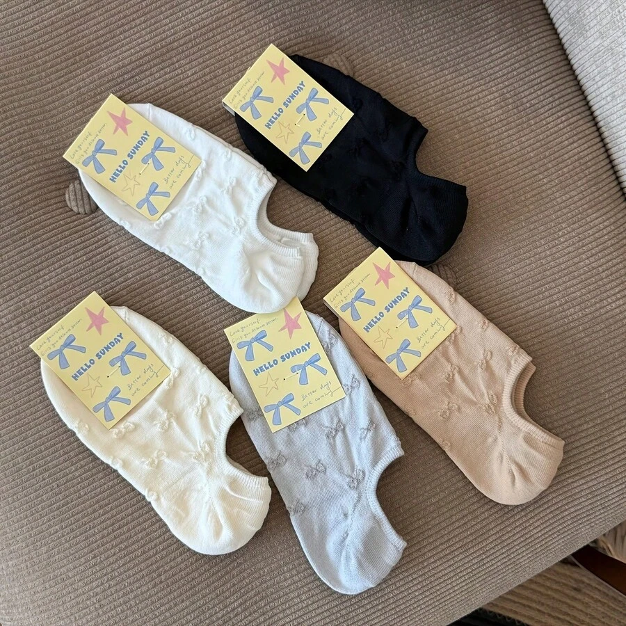 5 Pairs Spring/Summer Solid Color Bow Knot Boat Socks For Women, Low-Cut Invisible Socks, Korean Style INS Fashion Hollow Out Breathable Low-Top Short Socks - Multicolor - View 1