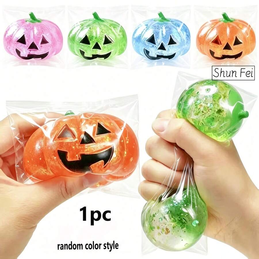 1pc Pumpkin-Shaped Stress Relief Squeeze Toy, Glitter Transparent Fingertip Sensory Toy, Halloween Party Decoration Gift, Children's Christmas Birthday Gift, Random Colors. - Multicolor - View 1