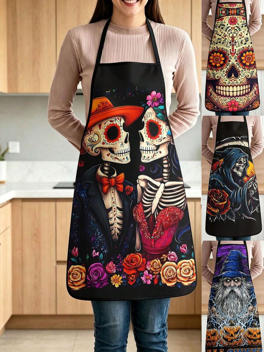 4pcs Day Of The Dead & Halloween Graphic Kitchen Apron, Sugar Skull Couple Grim Reaper Wizard Print Adjustable Cooking Apron For Holiday Party Decor - Multicolor - View 1