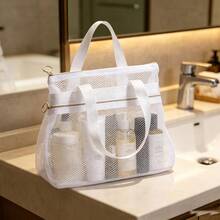 1pc Mesh Shower Storage Bag - Portable Shower Bag, Suitable For Travel, Gym, Camping - Quick-Dry Hanging Toiletries Organizer Bag With Zipper Pocket, Can Store Bathroom Essentials, White, Shower Storage - View 1