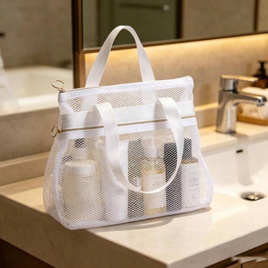 1pc Mesh Shower Storage Bag - Portable Shower Bag, Suitable For Travel, Gym, Camping - Quick-Dry Hanging Toiletries Organizer Bag With Zipper Pocket, Can Store Bathroom Essentials, White, Shower Storage - View 1