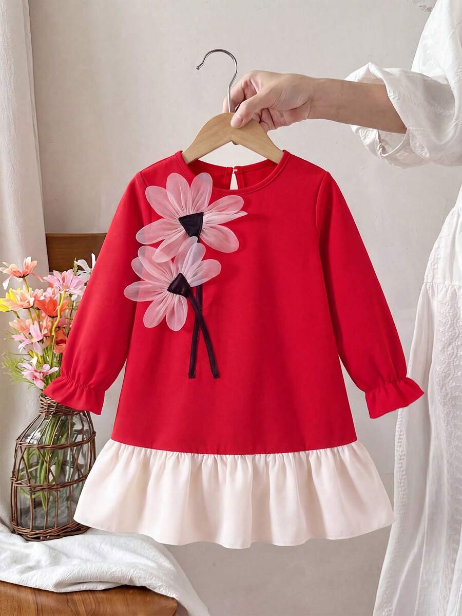 Girls' Fashion Floral Long Sleeve Cuffed Apricot Color Patchwork Hem Dress - Red - View 1