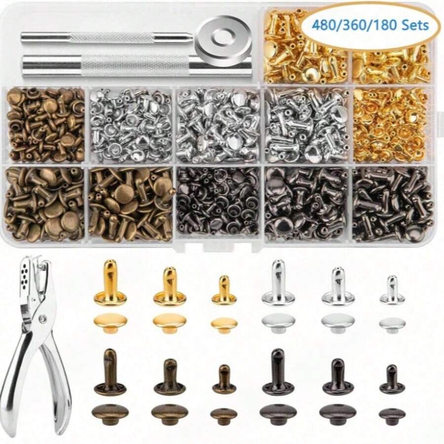 360/180 Sets Leather Rivets, Leather Rivet Kit, 4 Colors 3 Sizes Leather Rivets And Snaps For Leather Crafts, Clothing, Shoes, Leather Boots, Bags, Decoration (Gold, Silver, Bronze And Gunmetal) - D - View 1