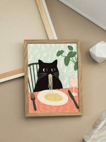 1pc Unframed Black Cat Pasta Wall Art Print, Funny Kitchen Canvas Poster, Cute Cat Food Illustration, Dining Room Decor, Fun Aesthetic Home Wall Decoration For Kitchen Bedroom - Abstract Style a - View 8