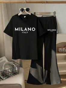 2件組青少年女孩極簡都市風套裝，寬鬆版型「MILANO ITALY」圖案T恤 + 喇叭褲，夏季返校休閒穿搭 - 黑色 - 查看 2