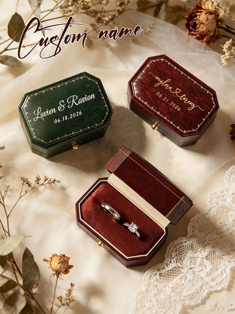 Personalized PU Leather Ring Box With Dual Slot Design, This Faux Leather Engagement Ring Storage Box Is Lined With Soft Fabric, Perfect Keepsake For Wedding Proposal And Ideal Anniversary Gift For Couples On Valentine's Day
