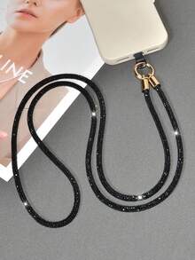 1 Set Luxury Rhinestone Phone Lanyard Anti-Loss Rope, Women's Fashion Full Rhinestone Necklace Chain, High-End Anti-Drop Phone Case Crossbody Chain, Sparkling Rhinestone Pendant, Solid Color Minimalist Lipstick Storage Bag, Portable Lip Balm Bag, Cute Mini Heart-Shaped Makeup Mirror Keychain Pendant For Girls - Black Long Strap Crossbody Bag + Lip Balm Makeup Mirror - View 4