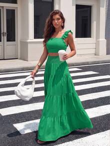 ZIAI New Summer Mid-Waist Sexy Spaghetti Strap Flared Skirt Fashion Print 2 Pieces Set For Women Elegant - Green - View 4