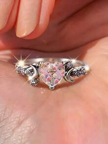 Vintage Rose Cross Heart Women's Ring, Crescent Zirconia Promise Ring, Romantic Floral Religious Christian Faith Jewelry Gift - Silver - View 7