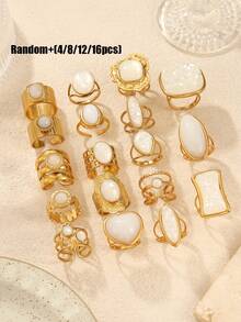4/8/12/16 pièces Bagues ouvertes en acier inoxydable ton doré incrustées de pierre d'œil de tigre naturel blanc, ensemble de bagues en sac aveugle avec perles, taille ajustable, aucun style dupliqué expédié, haute qualité, élégant et à la mode, convient pour la décoration des femmes ou les cadeaux - Or jaune - Voir 1