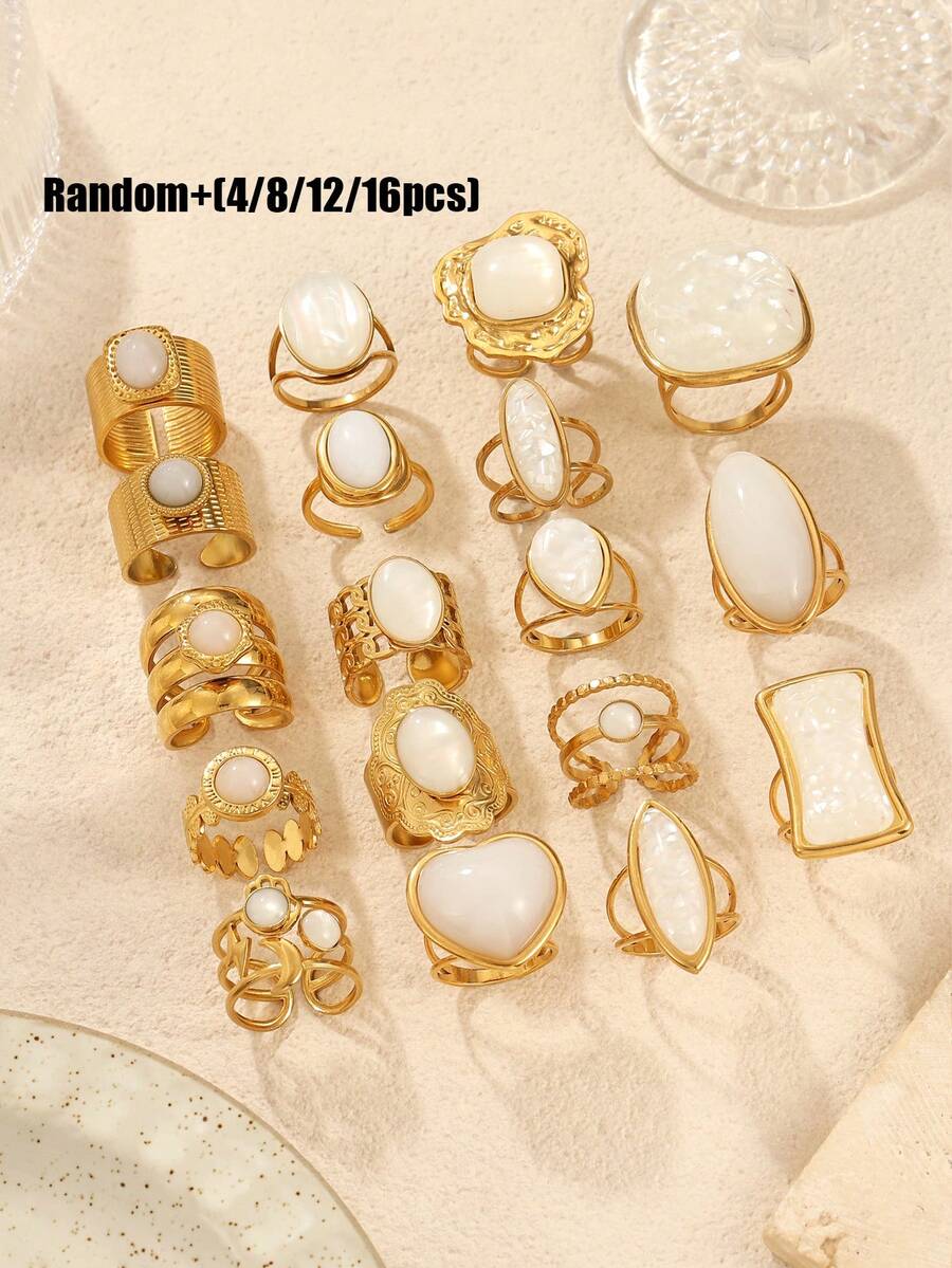 4/8/12/16 pièces Bagues ouvertes en acier inoxydable ton doré incrustées de pierre d'œil de tigre naturel blanc, ensemble de bagues en sac aveugle avec perles, taille ajustable, aucun style dupliqué expédié, haute qualité, élégant et à la mode, convient pour la décoration des femmes ou les cadeaux - Or jaune - Voir 1
