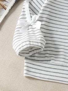 2pcs/Set Baby Girl Minimalist Casual Classic Round Neck Raglan Long Sleeve Top With Delicate White Satin Bow Accents On Cuffs And Hem, Long Pants Set, Lightweight For Spring/Autumn, Suitable For Daily Wear And Home - Light Grey - View 5