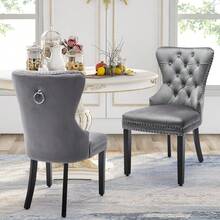 Dining Chair Set, 6 Piece Velvet Grey With Oak Legs - 灰色 - 查看 5