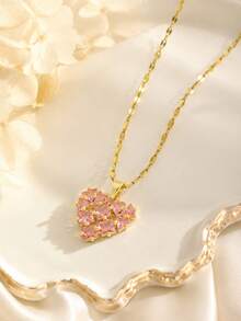 1 pieza Collar con colgante de corazón rosa, cadena de circonita tono dorado, joyería dulce para niñas, para uso diario en la escuela, fiesta de regreso a clases, regalo de vacaciones, accesorio de moda - Dorado - Ver 2