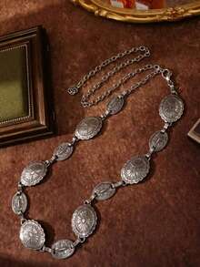 1pc Women's Metal Engraved Floral Bohemian Western Vintage Waist Chain Casual Versatile - Silver - View 2