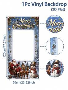 1件裝聖誕藍色拍照背景布，附Merry Christmas文字、聖誕老人、雪人、雪橇與馴鹿圖案，120*60cm乙烯基聖誕掛式拍照背景布，相框背景道具，聖誕裝飾，聖誕節裝飾，假期派對背景裝飾，聖誕拍照道具，居家派對用品，室內/室外裝飾，冬季居家裝飾，亦適用於新年裝飾 - 彩色 - 查看 6