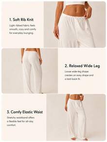 Sodalemon Women's White Ribbed Knit Lace Trim Faux Button Front Wide Leg Pajama Pants, Soft Elastic Waist Sleepwear - White - View 4