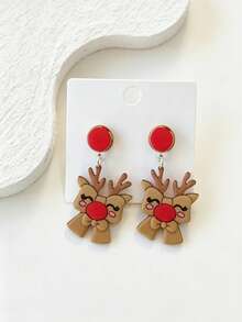1 Pair Sweet Christmas Reindeer Pendant Earrings, Cartoon Bow Rudolph Acrylic Earrings, Cute Christmas Gift Jewelry For Women, No Box - Brown - View 1