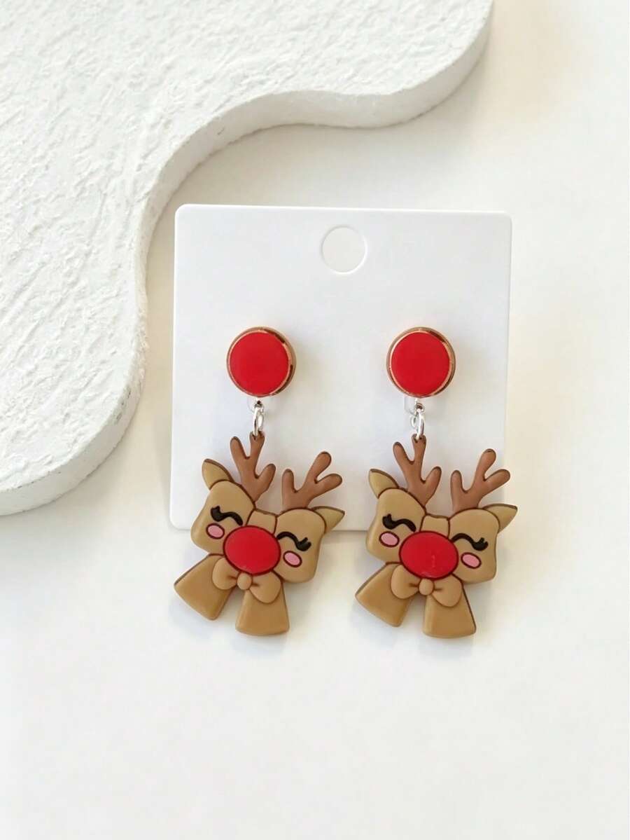 1 Pair Sweet Christmas Reindeer Pendant Earrings, Cartoon Bow Rudolph Acrylic Earrings, Cute Christmas Gift Jewelry For Women, No Box - Brown - View 1