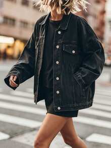 VIBEWAVE Loose Drop‑Shoulder Black‑Grey Denim Jacket, Turn‑Down Collar Cargo Long Sleeve VintageStreetwear Distressed Jean Outerwear For Spring Autumn - Black - View 5