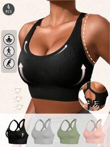 4pcs/Set Women's Seamless Shock-Absorbing Sports Bras, Lightweight & Breathable, Suitable For Yoga And Light Exercise, Back Shaping Padding, Comfortable Athletic Curve Style - Multicolor - View 3