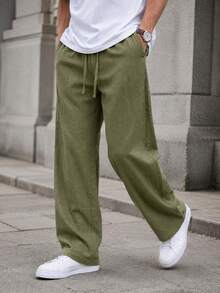 Men's Drawstring Casual Pants, Breathable Loose Drape Lazy Wide Leg Long Pants - Green - View 1